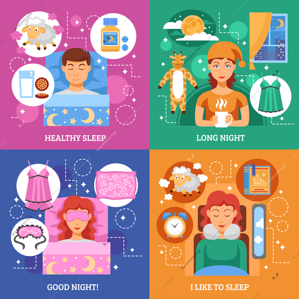 Healthy bedroom for long sleep tips 4 flat icons square composition infographic elements poster abstract vector illustration