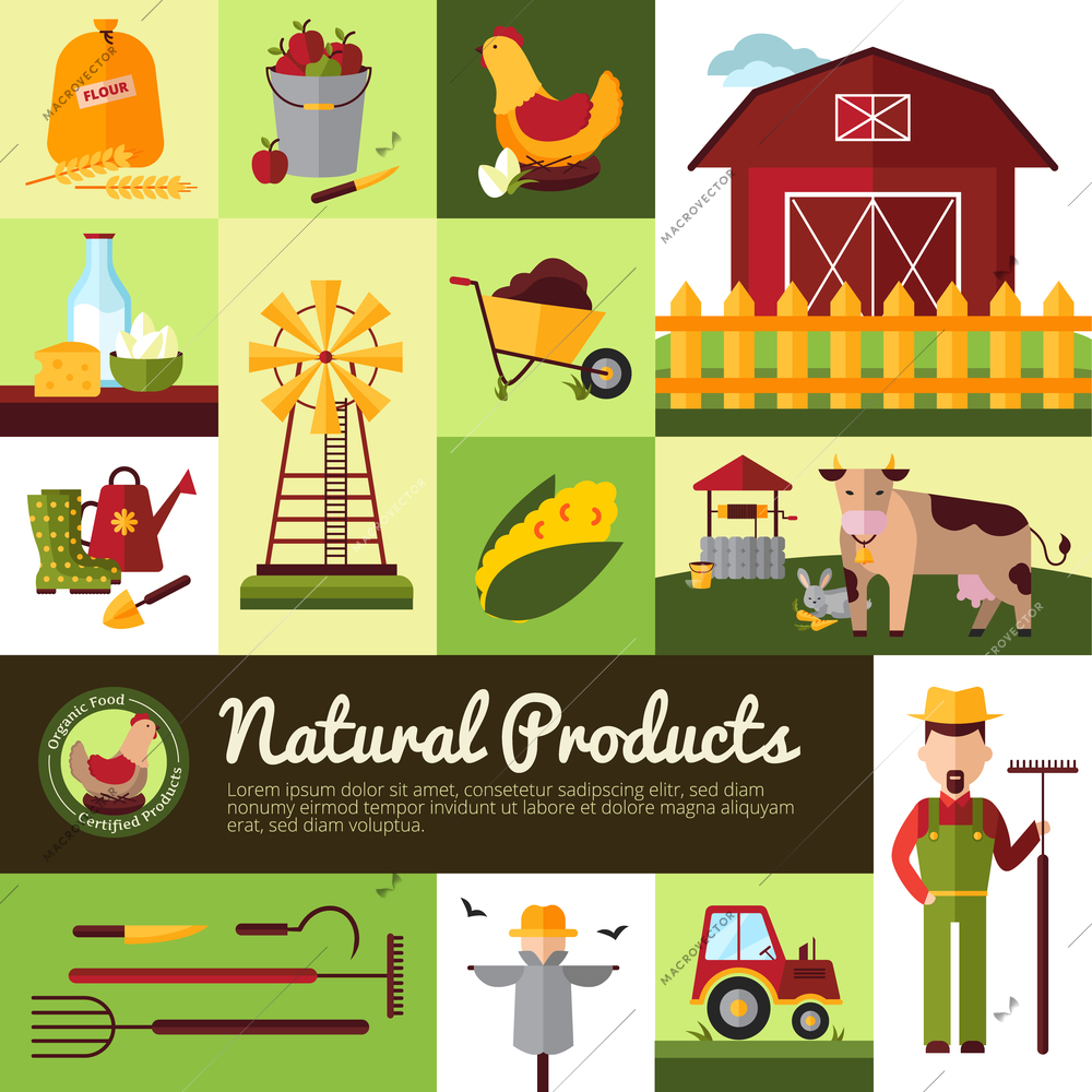 Farm household for natural organic food production and crops harvesting tools flat banner design vector illustration