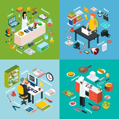 Isometric 2x2 compositions presenting different professions workplaces scientist reporter engineer and cook with their equipments vector illustration