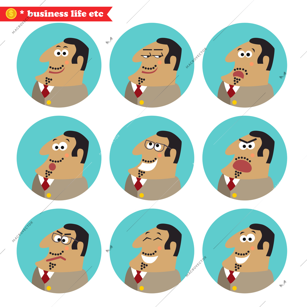 Boss facial emotions, isolated icons set vector illustration