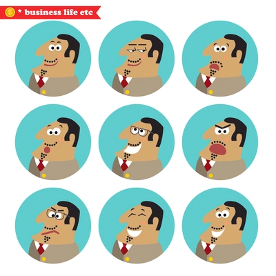 Boss facial emotions, isolated icons set vector illustration