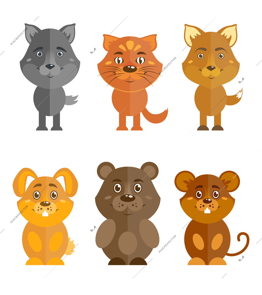 Wild and domestic animal cartoon characters icons set of wolf cat fox and bear isolated vector illustration
