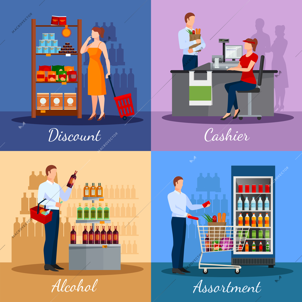 Assortment of products in supermarket with areas discounts and payment isolated vector illustration