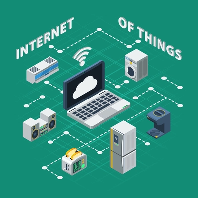 Isometric concept with abstract scheme of household Internet of things controlled by laptop vector illustration