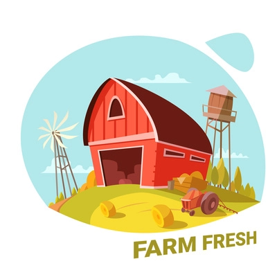 Farm and fresh organic products concept with haystack and tractor cartoon vector illustration