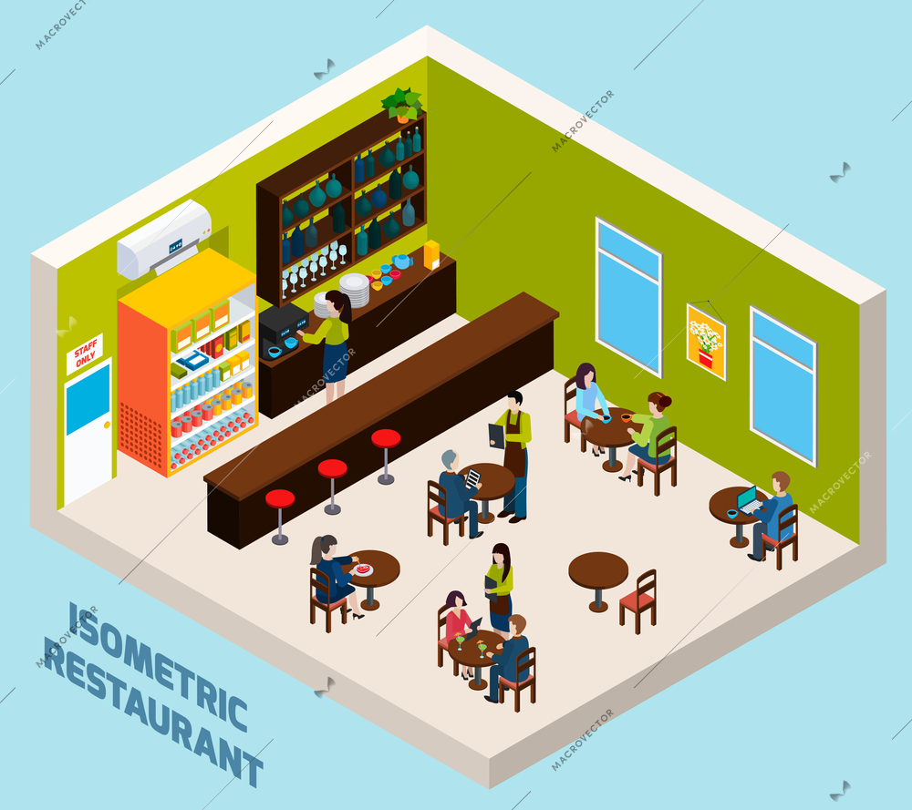 Restaurant bar or cafe interior isometric design for good quality food and drinks poster abstract vector illustration