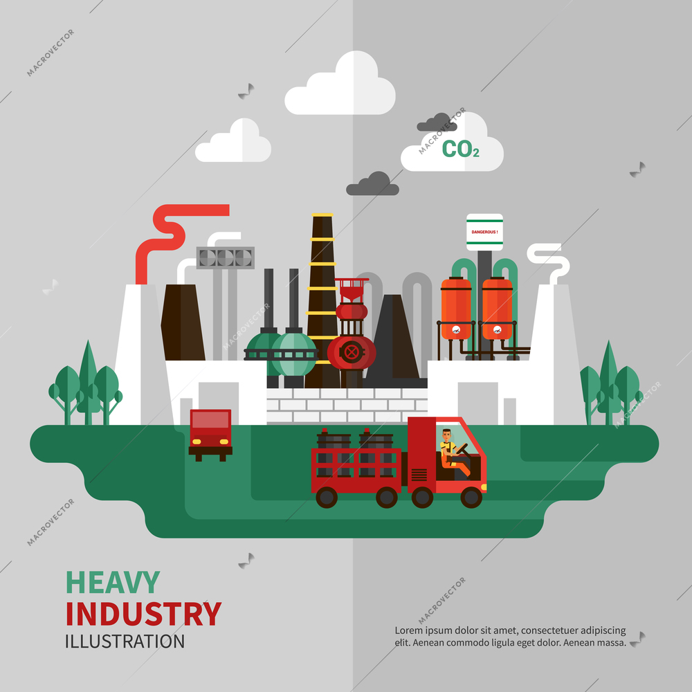 Heavy industry poster with large factory on grey background vector illustration