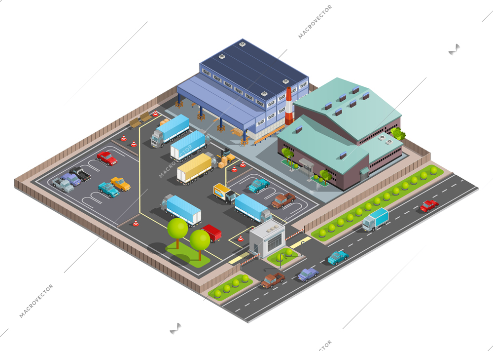 Isometric warehouse composition with terminal and office buildings parking with vehicles and checkpoint vector illustration