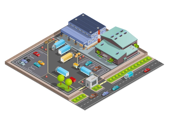 Isometric warehouse composition with terminal and office buildings parking with vehicles and checkpoint vector illustration