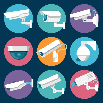 Digital CCTV multiple security cameras color stickers set isolated vector illustration