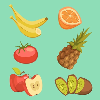 Healthy food cartoon set with pineapple and apple on green background isolated vector illustration