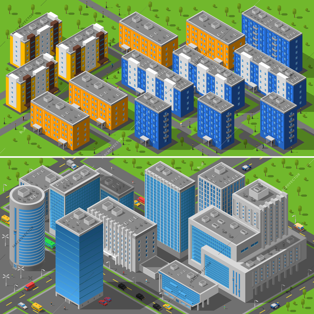 Modern city business center buildings and residential area apartments isometric horizontal banners composition abstract isolated vector illustration