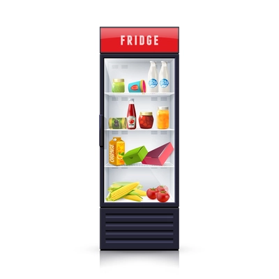 Modern refrigerator with vegetables dairy and canned products and transparent front panel icon print realistic vector Illustration