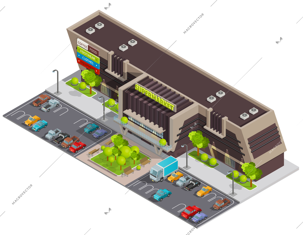 Shopping mall center in business district for wealthy customers with parking lot isometric composition abstract vector illustration