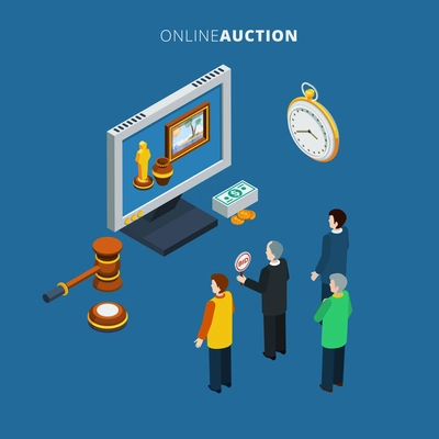 Online auction isometric with bidding man and different lots on the monitor vector illustration