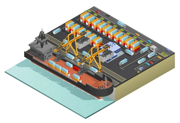 Heavy dry-cargo ship loading with containers by two stationary cranes in port isometric vector illustration