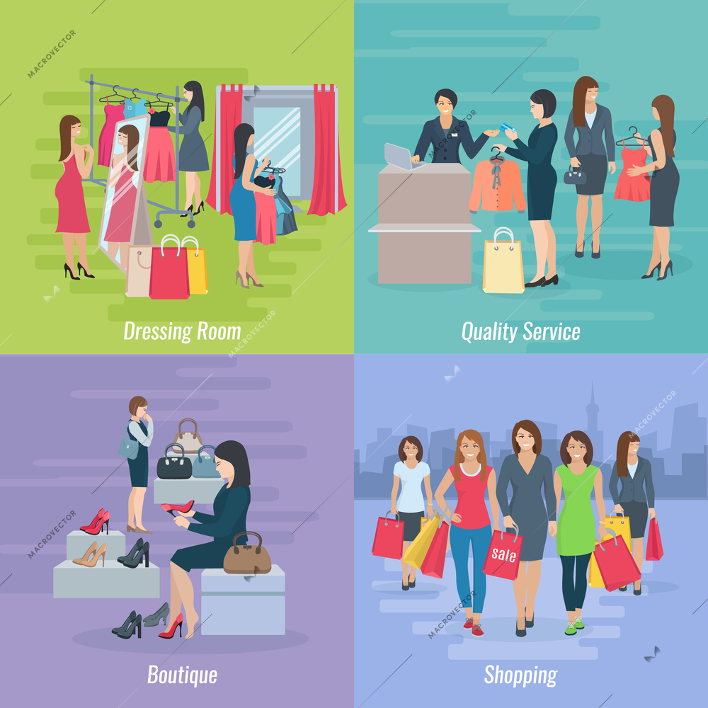 Flat composition 2x2 depicting woman shopping in boutique or mall vector illustration