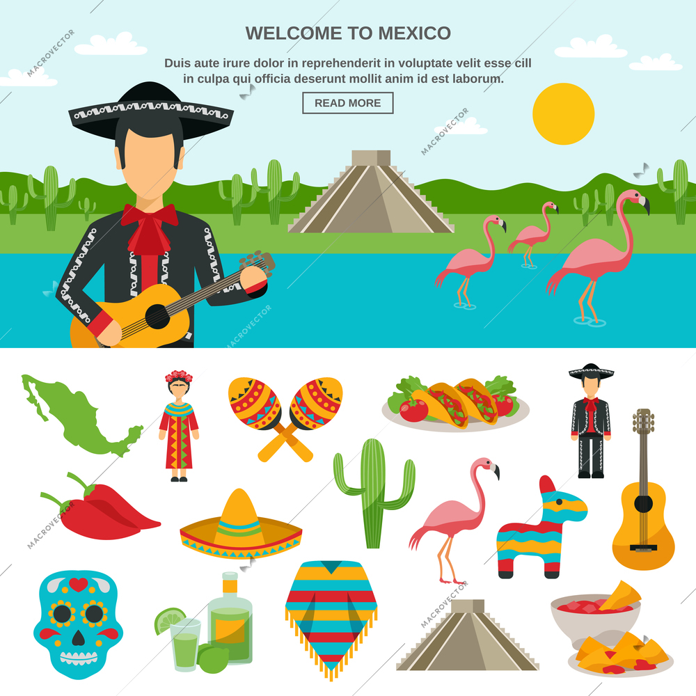 Mexico flat icon set of native symbol with natural landscape background banner element vector illustration