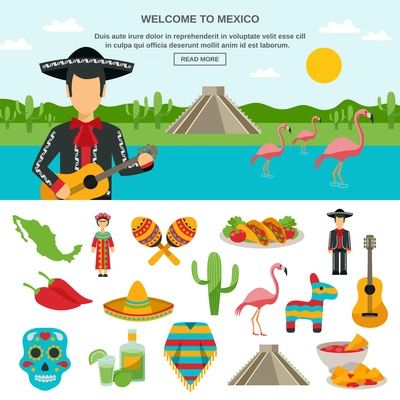 Mexico flat icon set of native symbol with natural landscape background banner element vector illustration