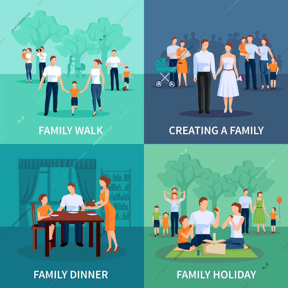 Family concept icons set with family dinner and holiday flat isolated vector illustration