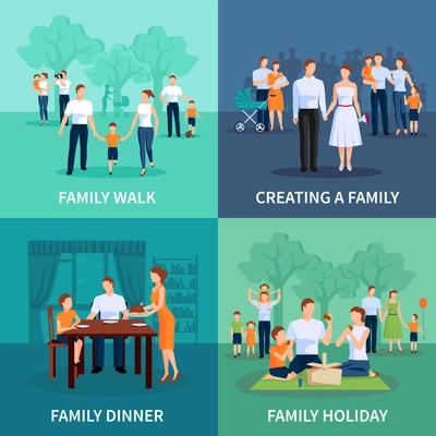 Family concept icons set with family dinner and holiday flat isolated vector illustration