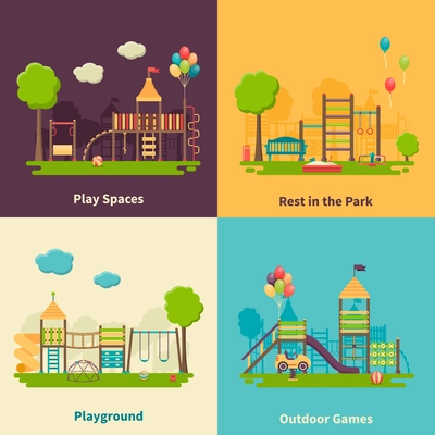 Color flat composition 2x2 depicting different outdoor playground and play spaces for rest in the park and games vector illustration