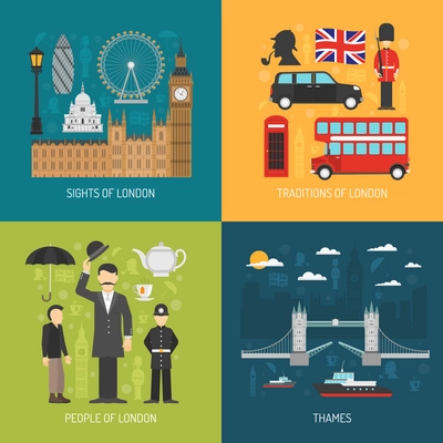 London city symbols landmarks and traditions for travelers 4 flat icons composition banner abstract isolated vector illustration