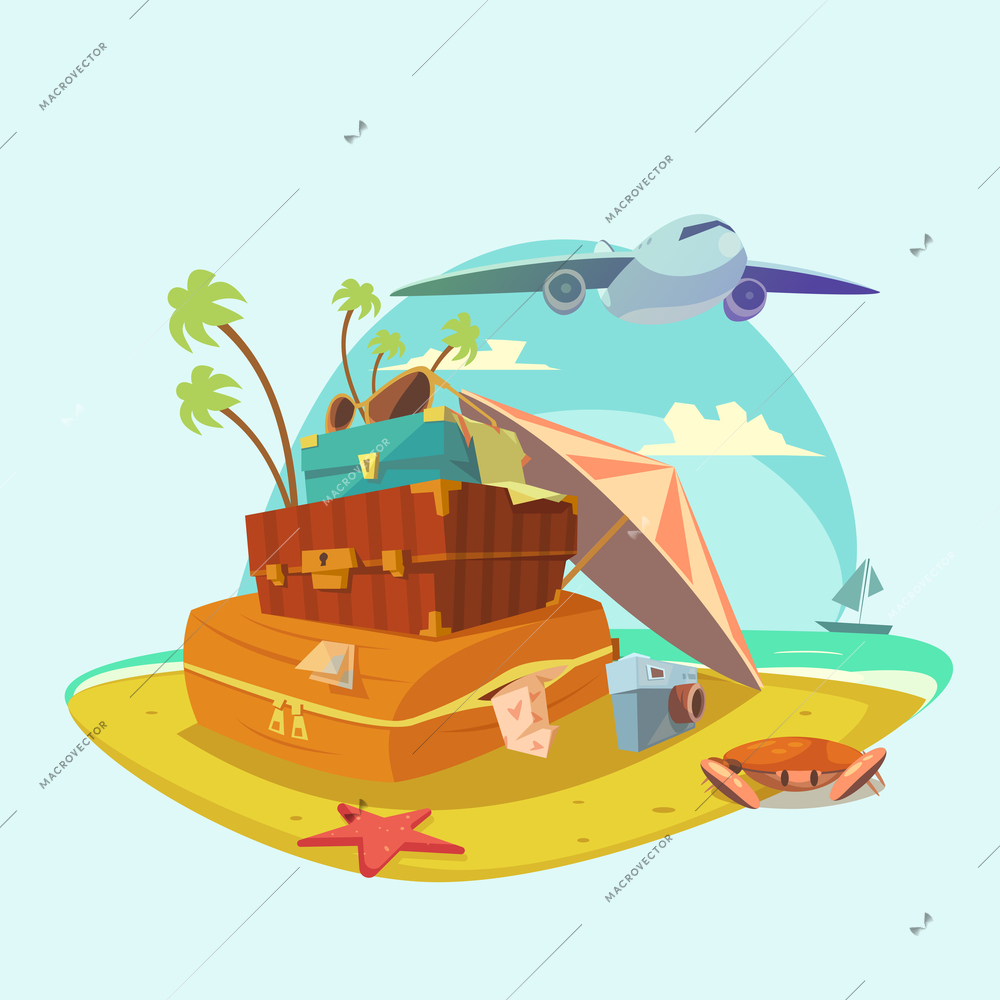 Beach resort cartoon concept with sun umbrella and luggage vector illustration