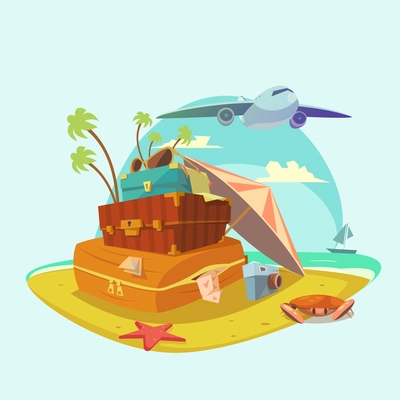 Beach resort cartoon concept with sun umbrella and luggage vector illustration