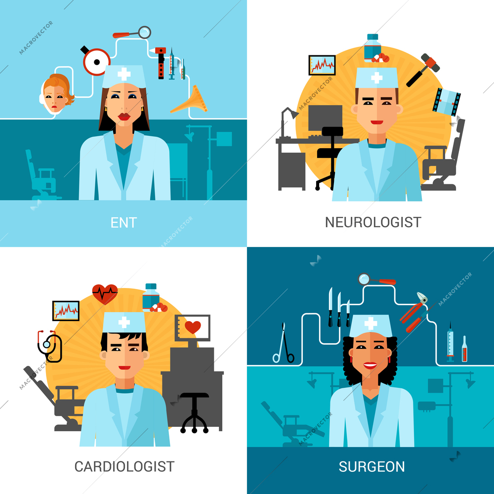 Specialist doctors concept set with avatar of ent surgeon cardiologist and neurologist isolated vector illustration