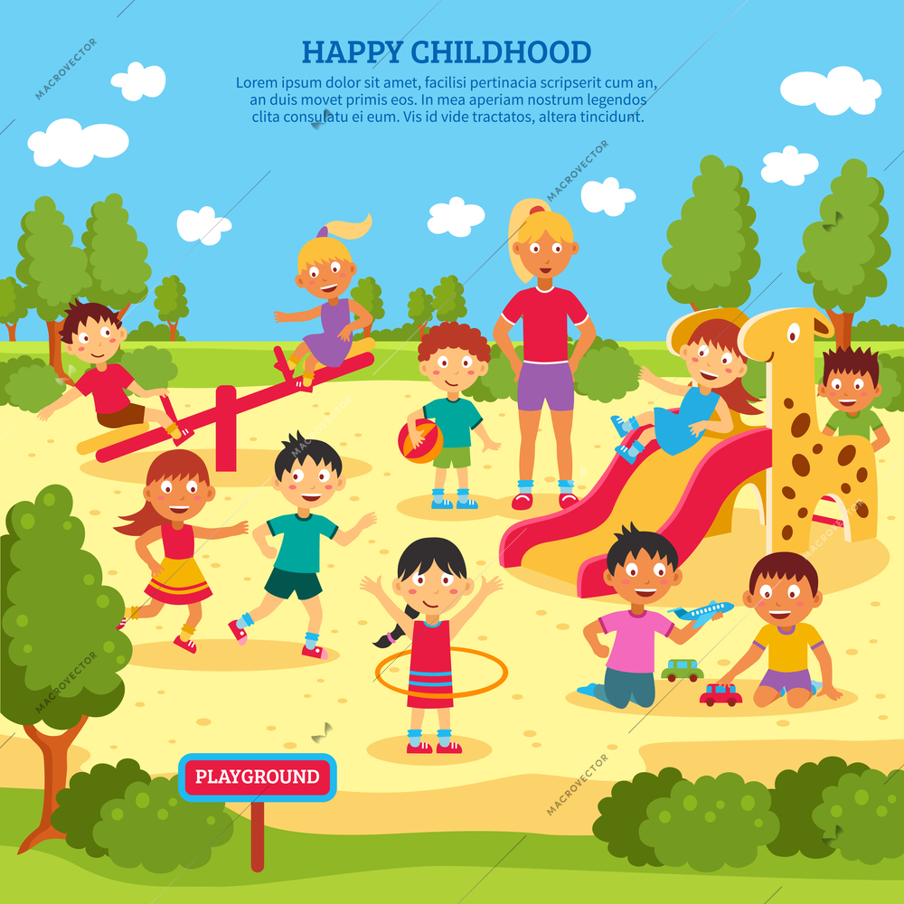 Illustration of children playing outdoors with bright summer background vector Illustration