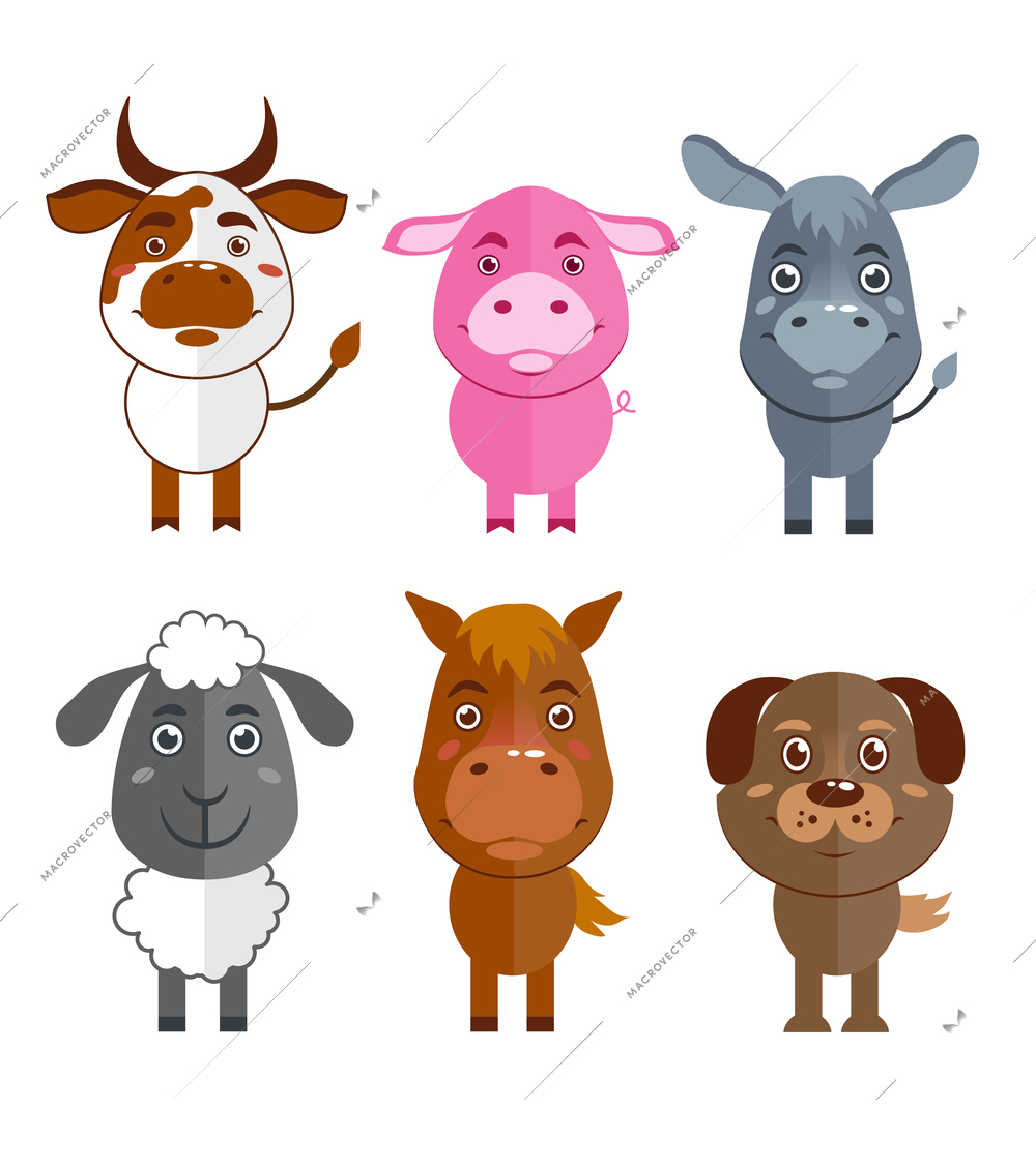 Wild and domestic animal cartoon characters icons set of cow donkey sheep and horse isolated vector illustration