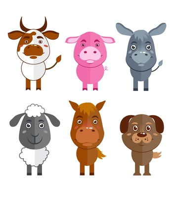 Wild and domestic animal cartoon characters icons set of cow donkey sheep and horse isolated vector illustration