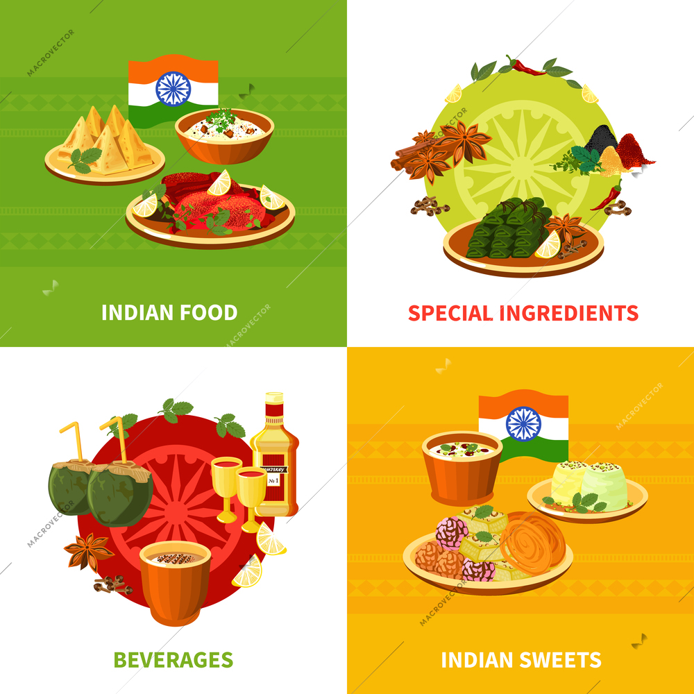 Indian national food concept 4 flat icons square banner with traditional spicy ingredients abstract isolated vector illustration