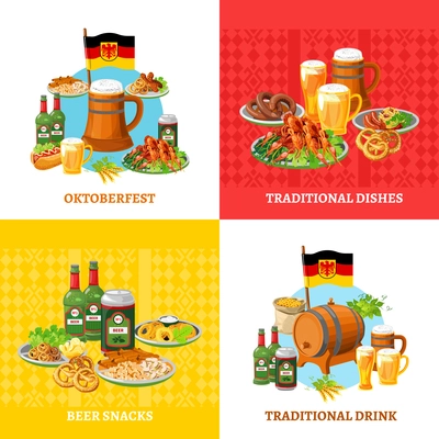 German traditional octoberfest festival 4 flat icons square composition banner with beer snacks abstract isolated vector illustration