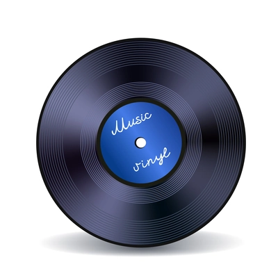 Retro vinyl music record with blue label emblem poster on white background vector illustration