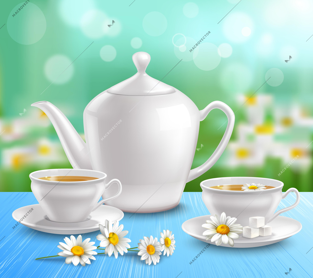 Teapot and cups composition with sugar on saucer and flowers of camomile on blue tablecloth vector illustration