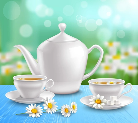 Teapot and cups composition with sugar on saucer and flowers of camomile on blue tablecloth vector illustration