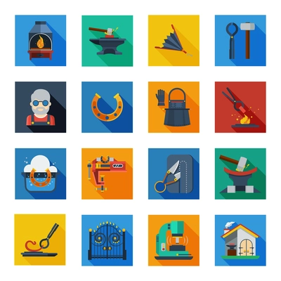 Blacksmith icons set of smithy tools work apron horseshoe welding machine in colorful squares flat vector illustration