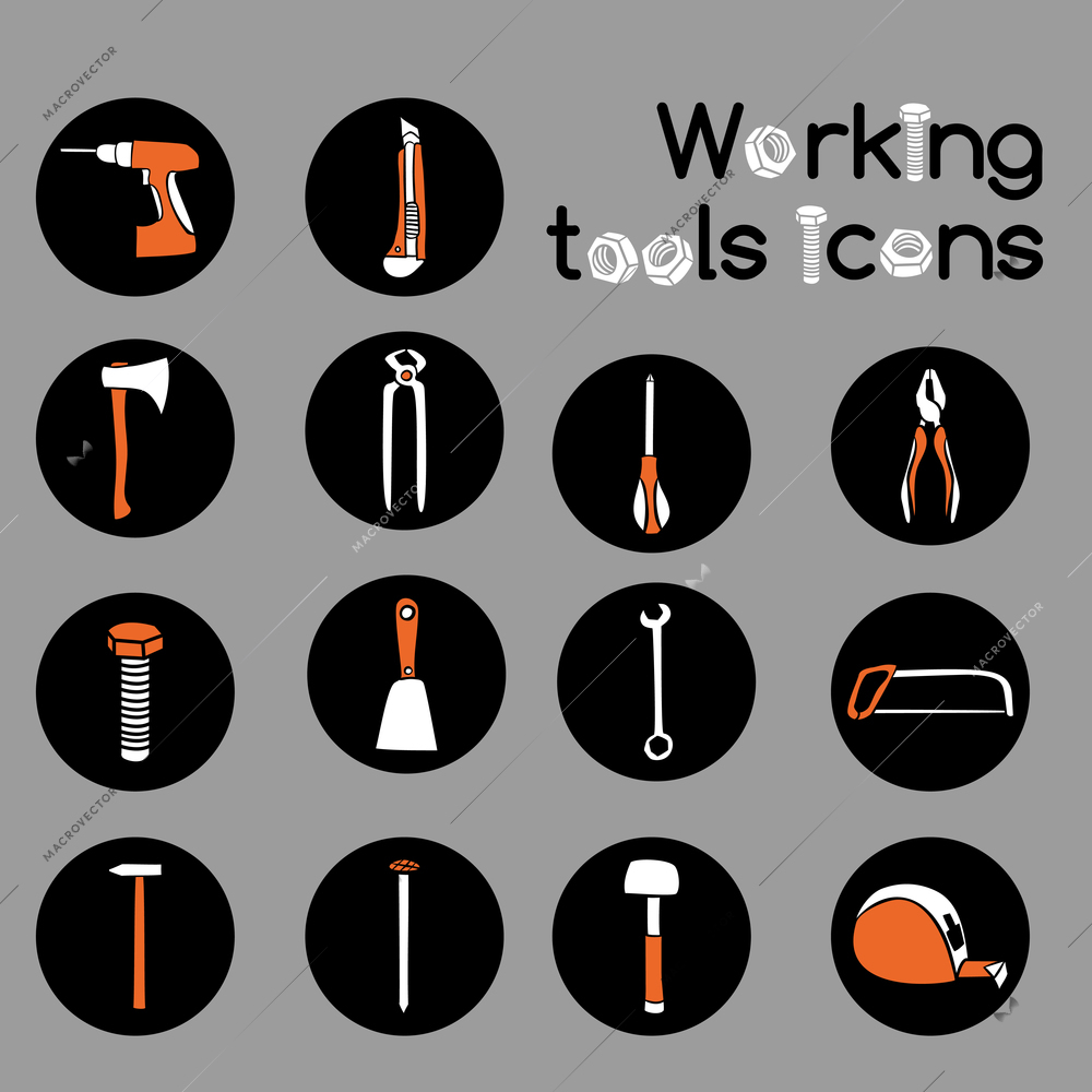 Construction working tools icons or stickers set of wrench hammer screwdriver and saw