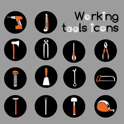 Construction working tools icons or stickers set of wrench hammer screwdriver and saw