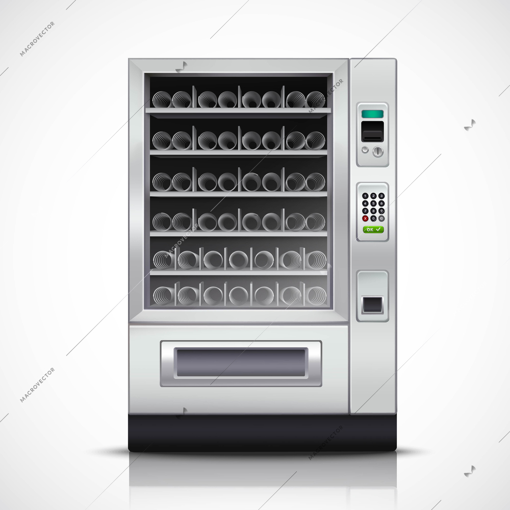 Realistic modern vending machine with steel body and electronic control panel on white background isolated vector illustration