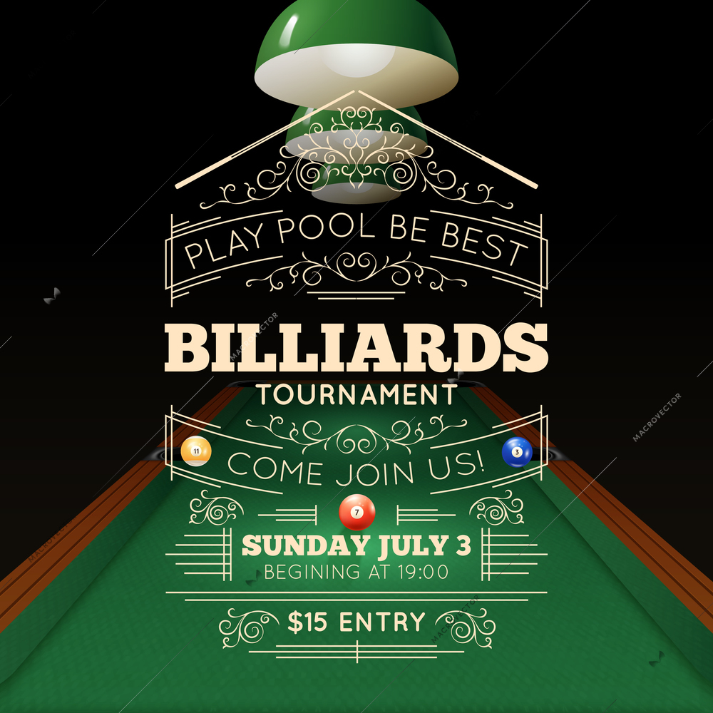 Billiards tournament realistic poster with price time and date vector illustration