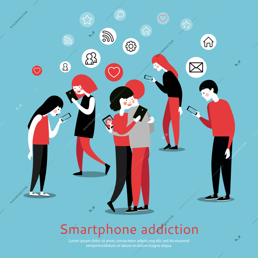 Smartphone internet addiction awareness flat poster with people chatting with virtual friends and checking mails abstract vector illustration