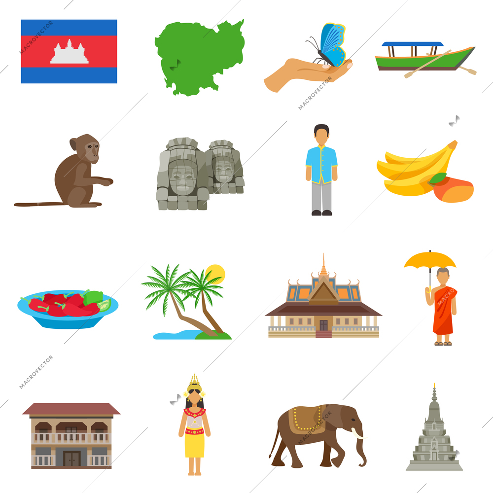 Cambodian culture for tourits flat icons collection with boat temple and exotic animals abstract isolated vector illustration