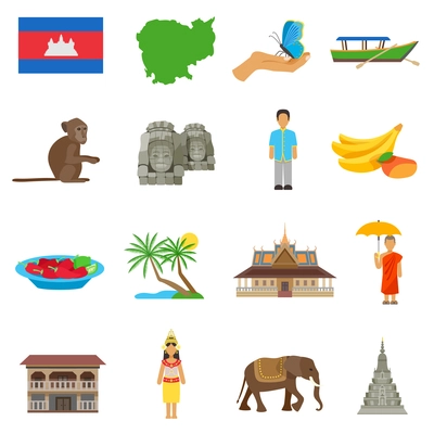 Cambodian culture for tourits flat icons collection with boat temple and exotic animals abstract isolated vector illustration