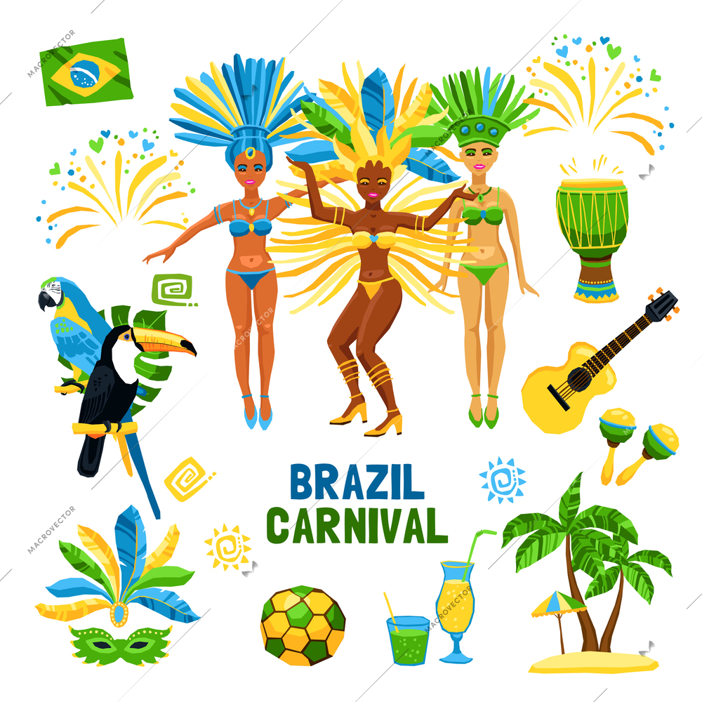 Set of decorative colored icons with different symbols of brazil carnival nature and people  vector illustration