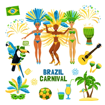 Set of decorative colored icons with different symbols of brazil carnival nature and people  vector illustration