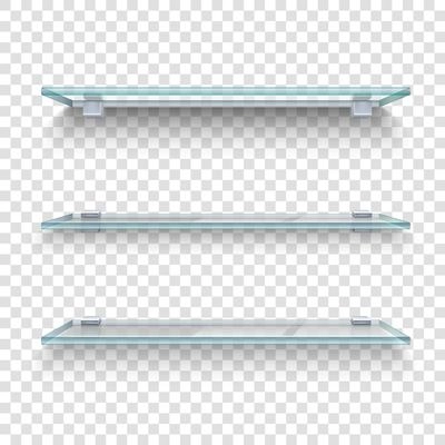 Three alike glass shelves on transparent grey and white plaid background realistic vector illustration