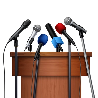 Different multicolored microphones near tribune prepared for conference meeting set on white background realistic vector illustration